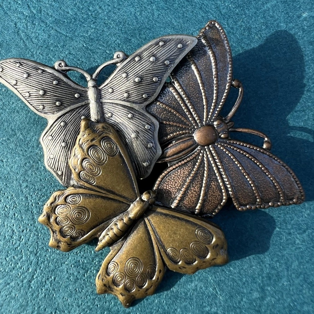 Vintage K&T Pin Art Tri Color Three Butterflies Brooch Pin Gold Tone Metal 2.5